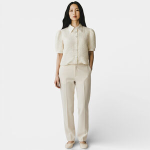 Cream Puff Sleeves Collared Elegant Women Blouse Top with Faux Pearl Buttons